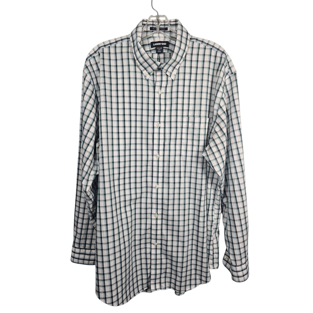 Lands' End Button Down Shirt Plaid No Iron Supima Tailored Mens 17.5-35